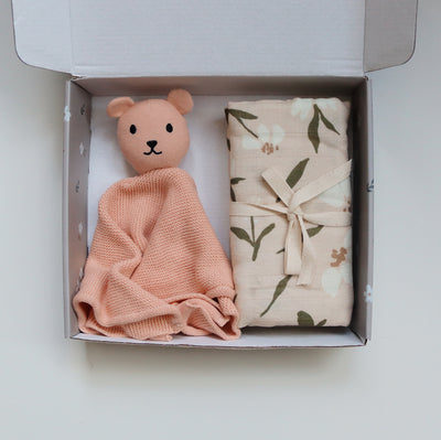Peach Baby Gift Box | Newborn Gift Set with Floral Muslin Swaddle