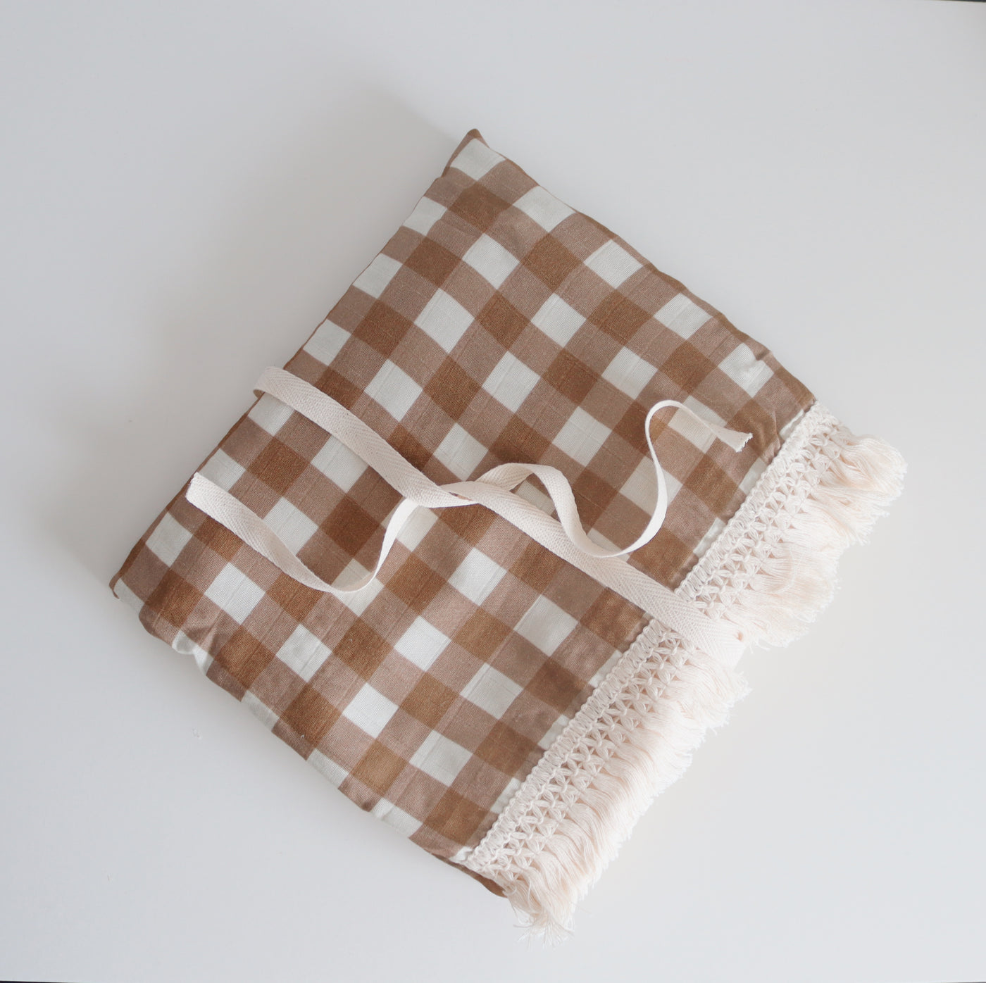 Bamboo + Cotton Fringe Blanket | Tan Gingham