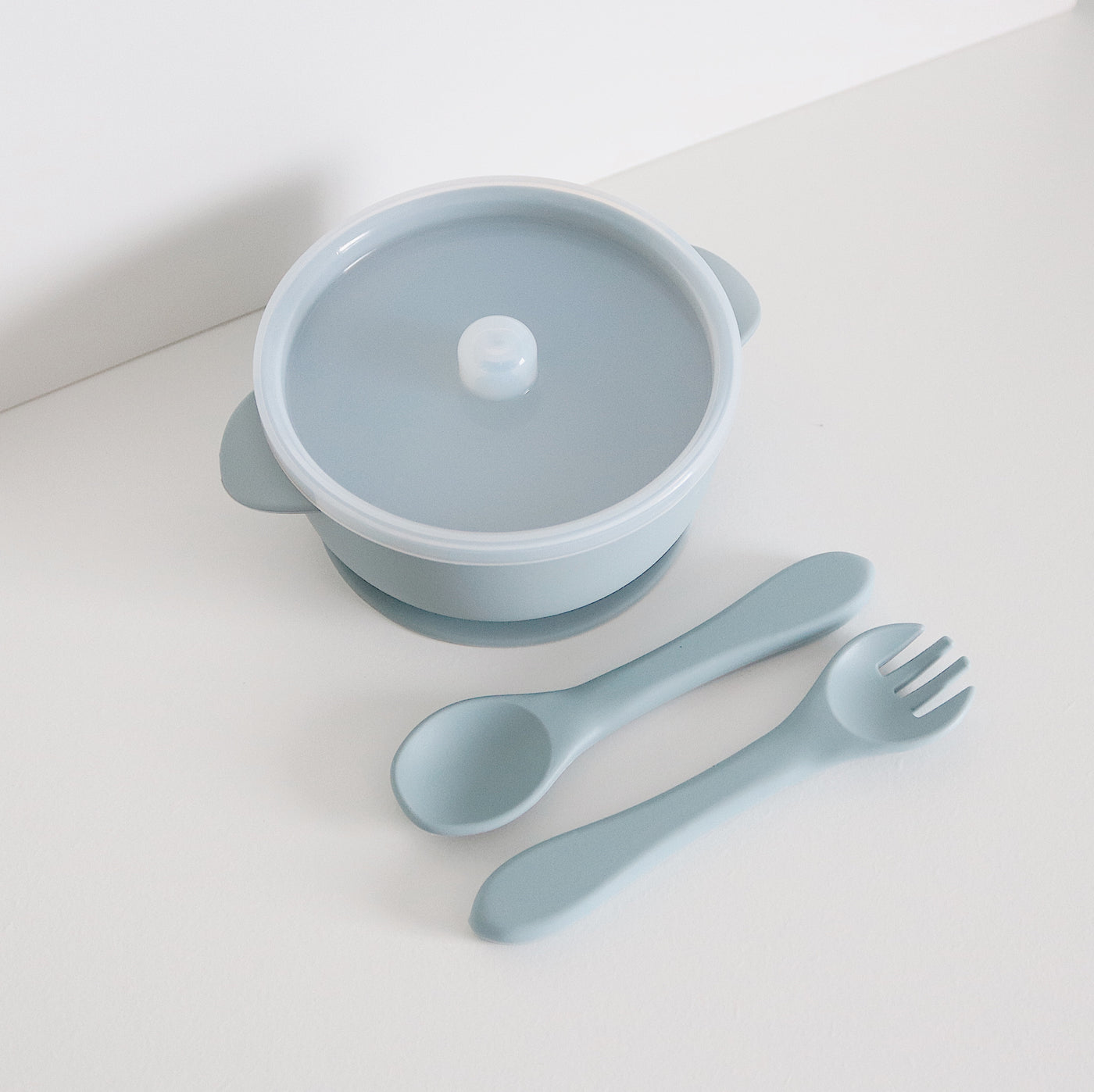 Silicone Suction Bowl with Lid + Cutlery | Blue